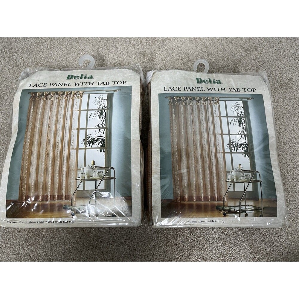 NOS Delia Lace Curtains Pair Taupe 56x84 Tab Top Chunky Large Wooden Beaded Boho